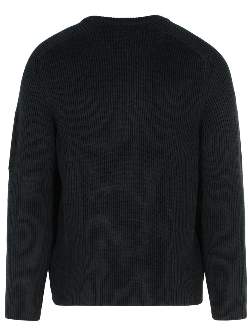 C.P. Company Wide Ribbed Black Cotton Blend Sweatshirt With Zippered Sleeve Pocket
