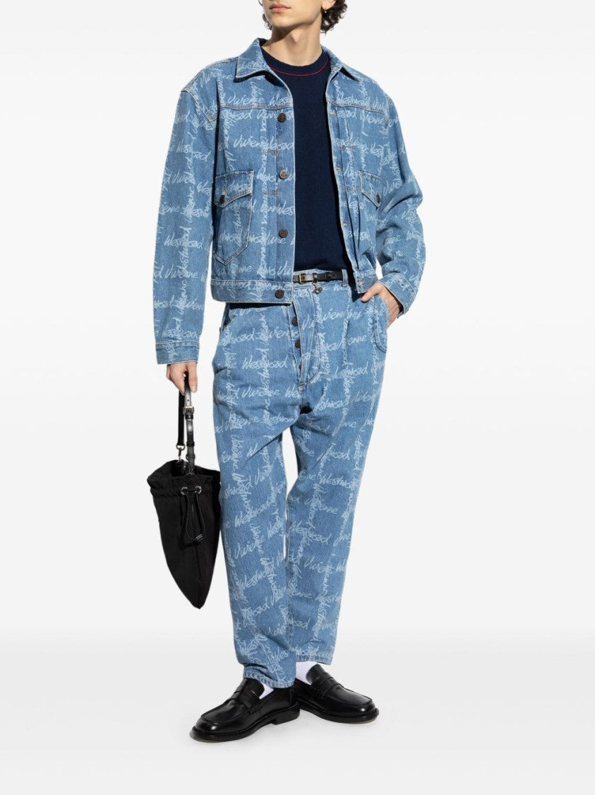 Vivienne Westwood Relaxed Fit Cornflower Blue Jeans With All-Over Logo Print