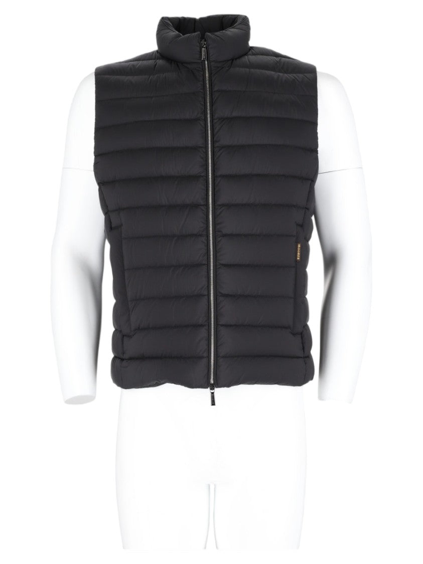 Moorer Padded Black Vest With Horizontal Quilted Stitching And High Collar