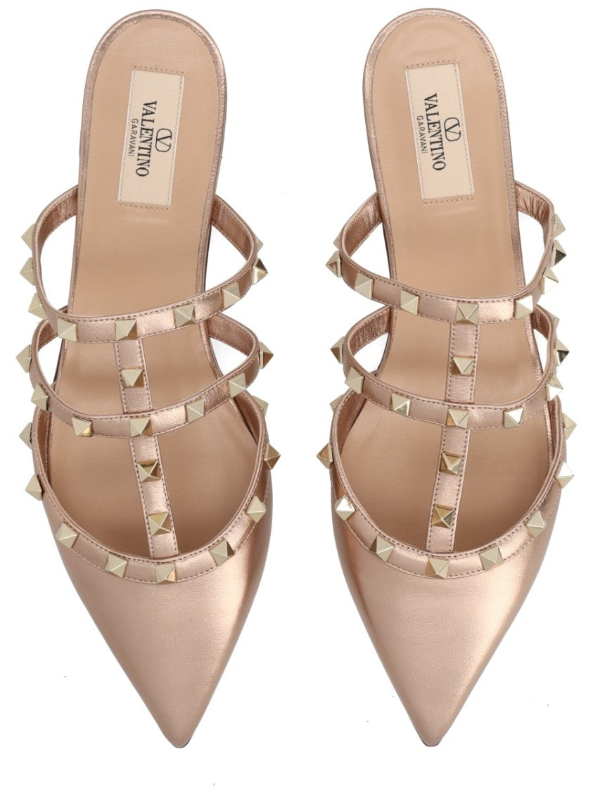 Valentino Garavani Rockstud Pointed-Toe Metallic Studded Flat Mules