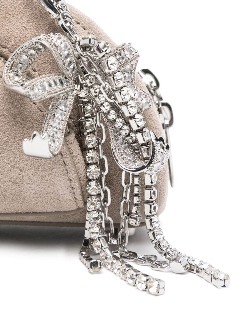 Self-Portrait Elongated Half-Moon Gray Suede Shoulder Bag