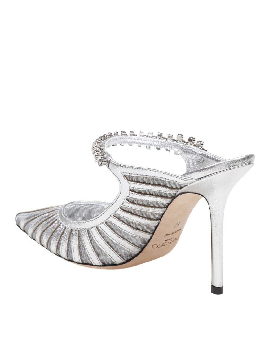 Jimmy Choo Pointed-Toe Silver Mules With Jeweled Instep Strap
