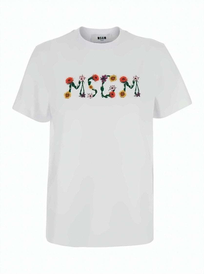 Msgm Floral Embroidered White Short-Sleeve T-Shirt By Msgm