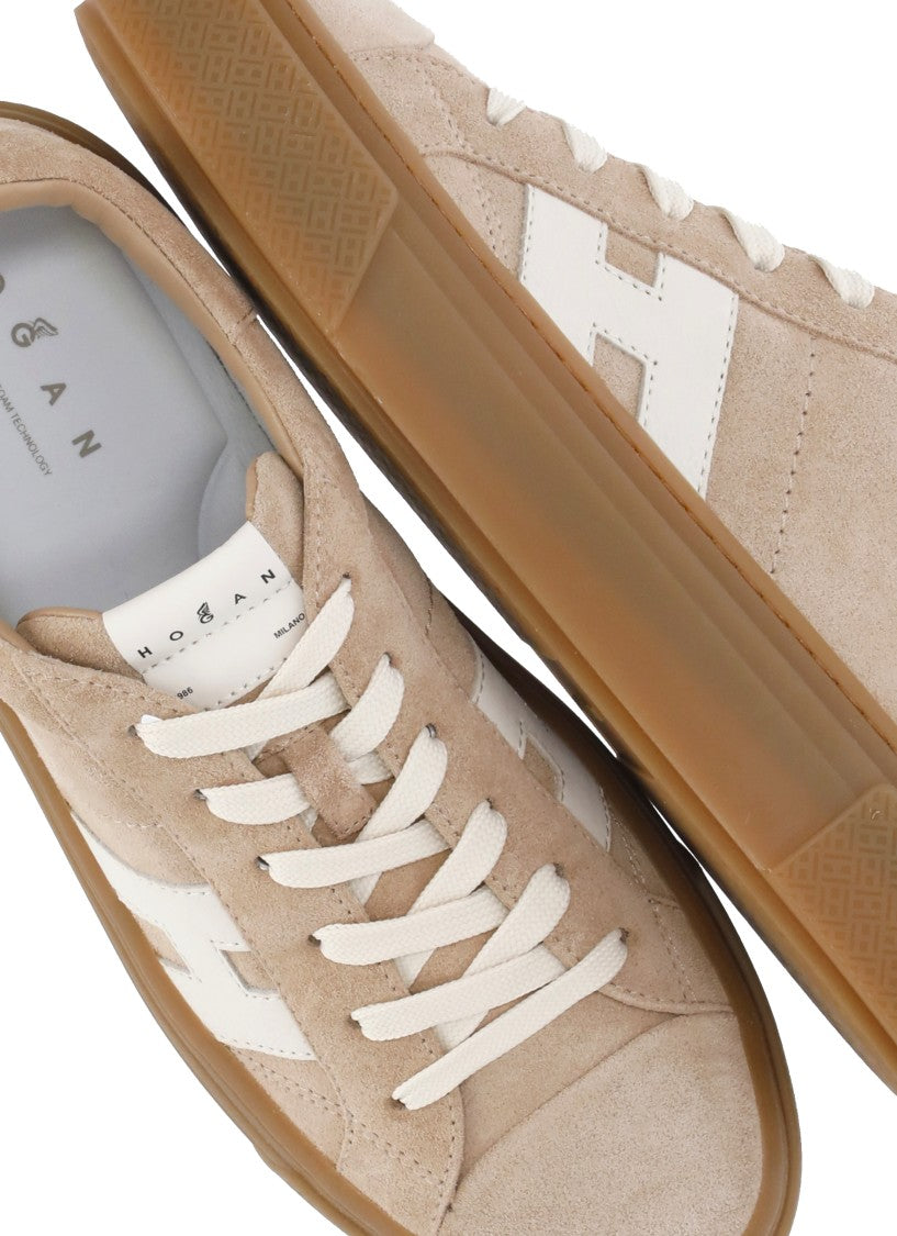 Hogan Beige Suede Low-Top Sneakers With White Leather Logo