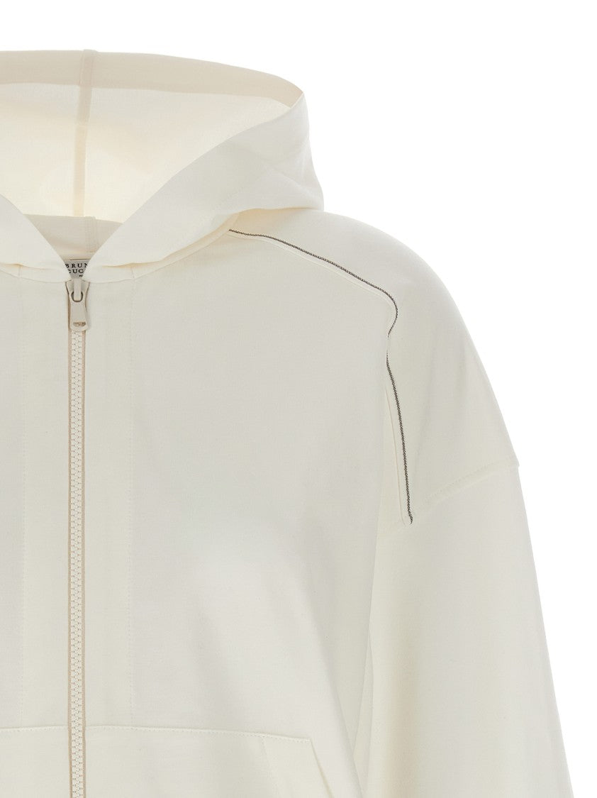 Brunello Cucinelli Gauze Cotton Hoodie With Monile Detail And Zip Closure