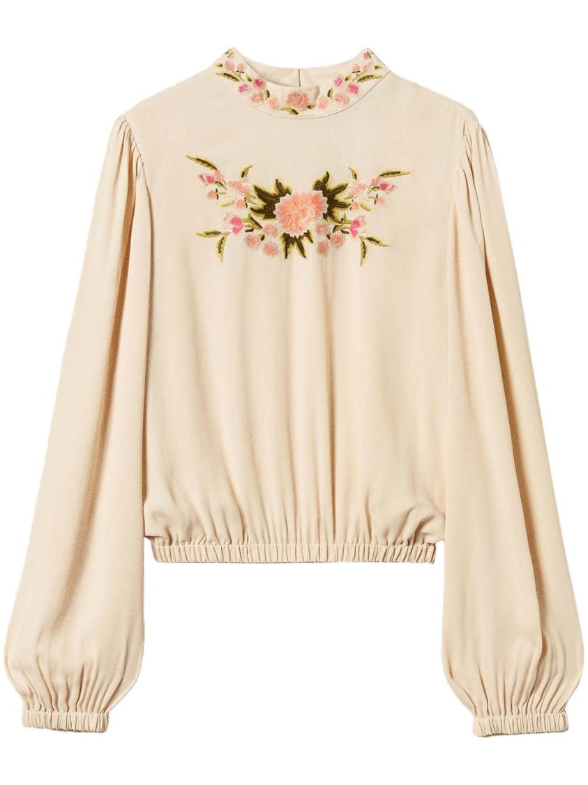 Twin-Set Floral-Embroidered Blouse With Keyhole Closure And Gathered Hem