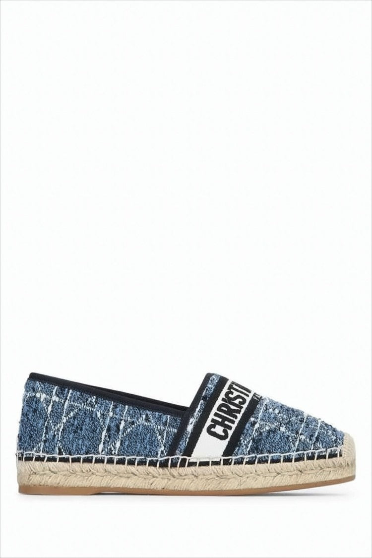 Christian Dior Textured Denim Espadrille Flats With Woven Jute Sole