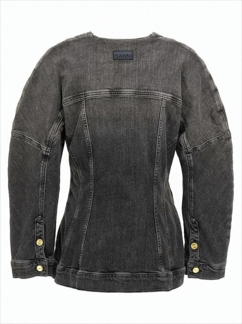 Ganni Structured V-Neck Denim Jacket With Gold-Tone Accents