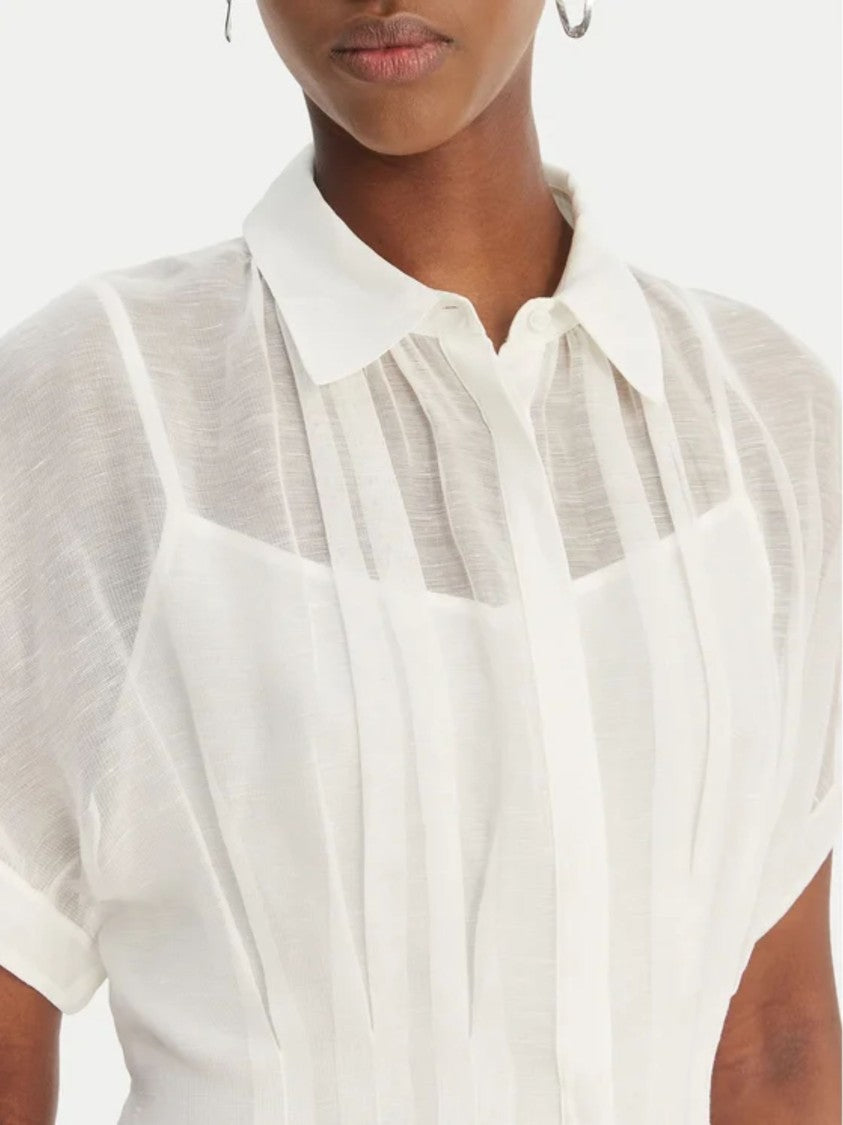 Boss White Pleated Viscose-Linen Midi Dress