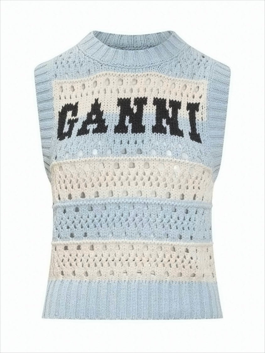 Ganni Crochet-Patterned Sleeveless Knit Vest With Bold Lettering