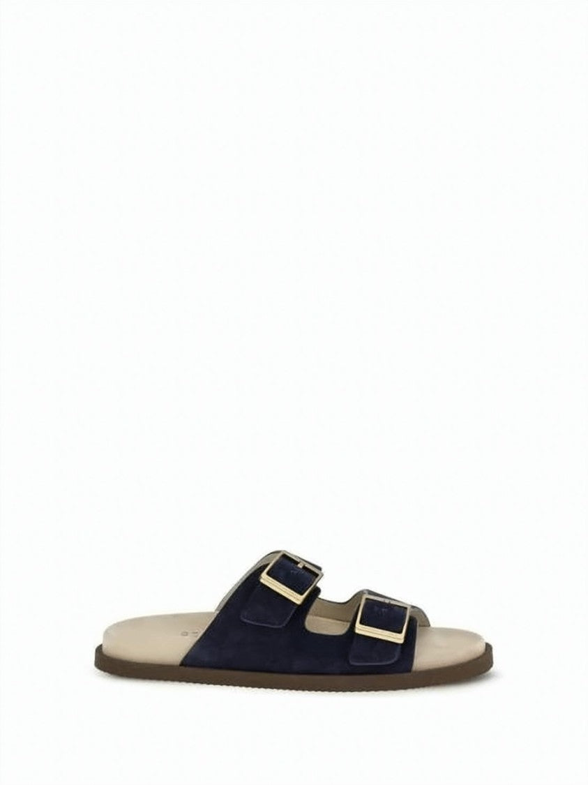 Brunello Cucinelli Two-Strap Suede Sandals With Metallic Buckles