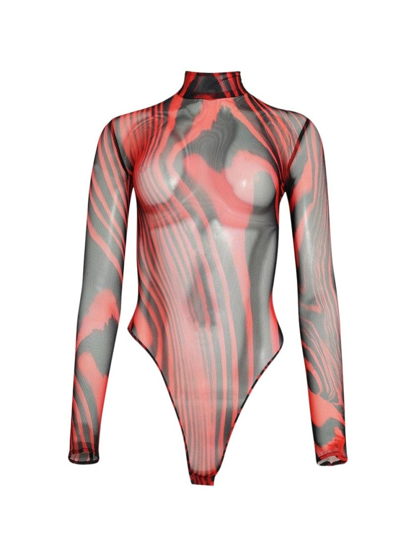 David Koma Printed Mesh Bodysuit Red And Black