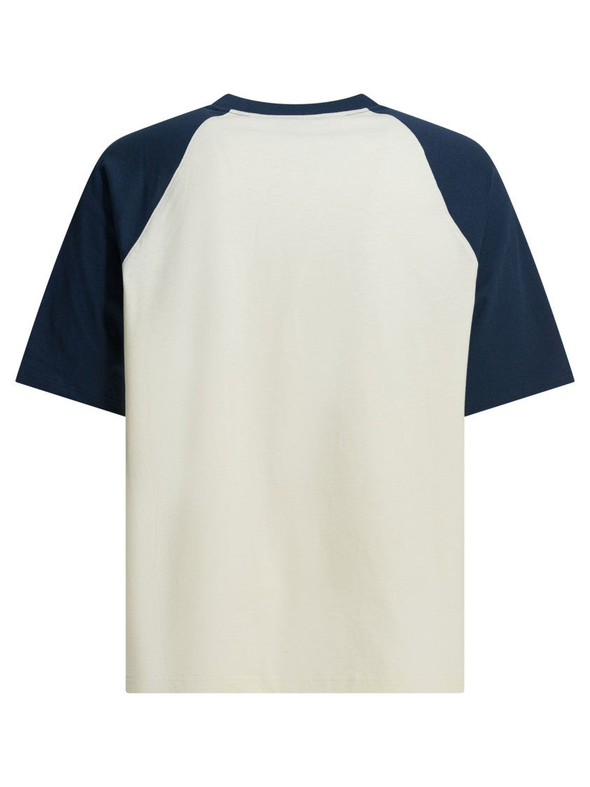 Ami Paris Raglan T-Shirt In Cream With Navy Blue Sleeves And Heart Emblem