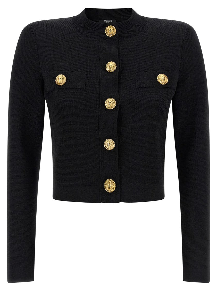 Balmain Cropped Black Cardigan With Padded Shoulders And Lion Motif Buttons