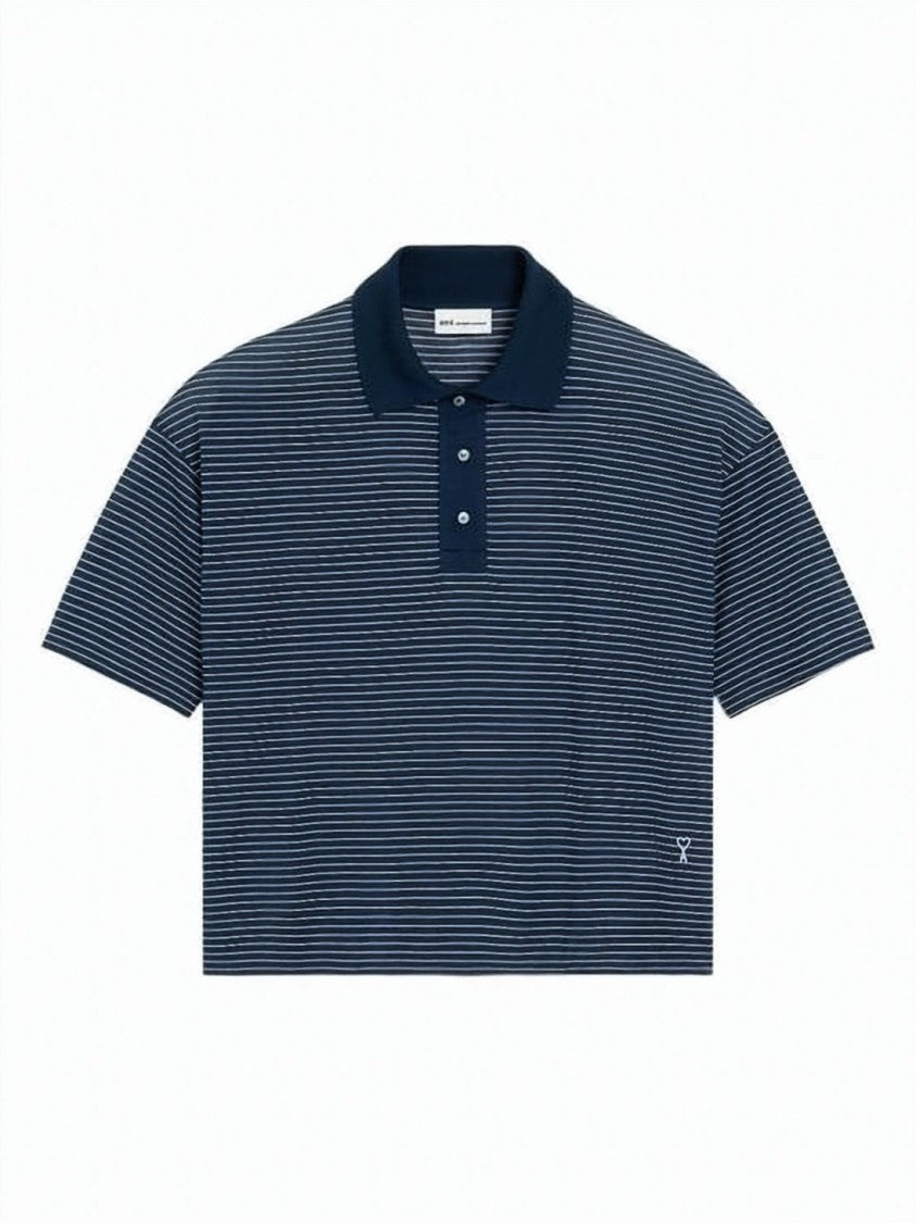 Ami Paris Cropped Navy Blue Striped Polo Shirt With Heart Logo