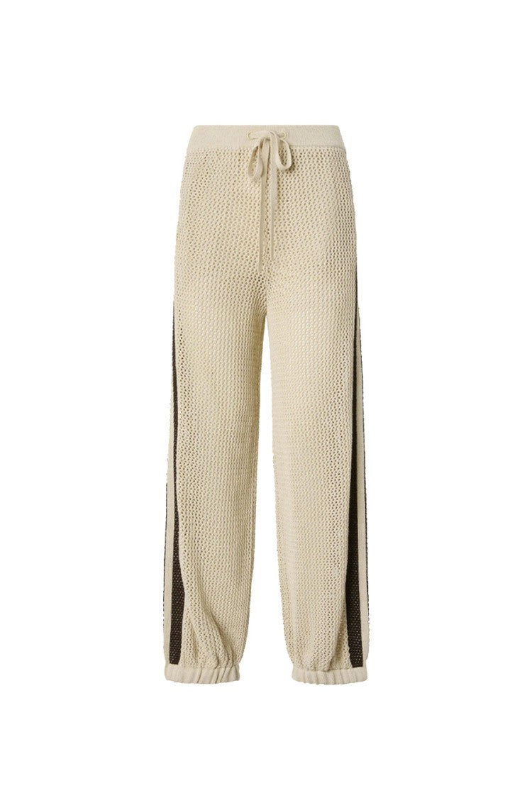 Pinko Beige Nebulosa Pointelle-Open Contrast Stripe Cotton-Blend Sweatpants