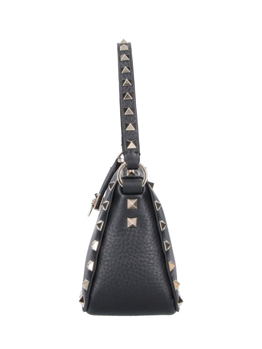 Valentino Garavani Black Rockstud Textured Calfskin Leather Shoulder Bag