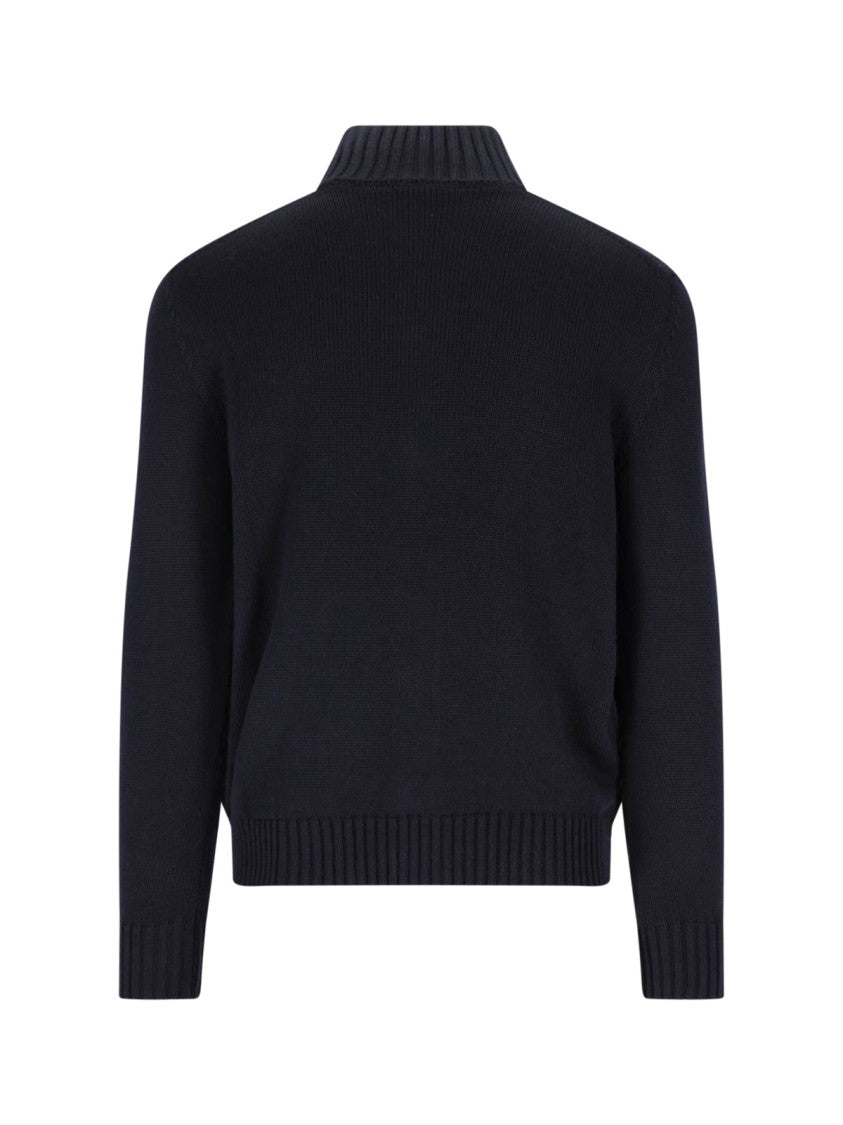 Zanone Dark Blue Chioto High-Collar Ribbed Virgin Wool Cardigan