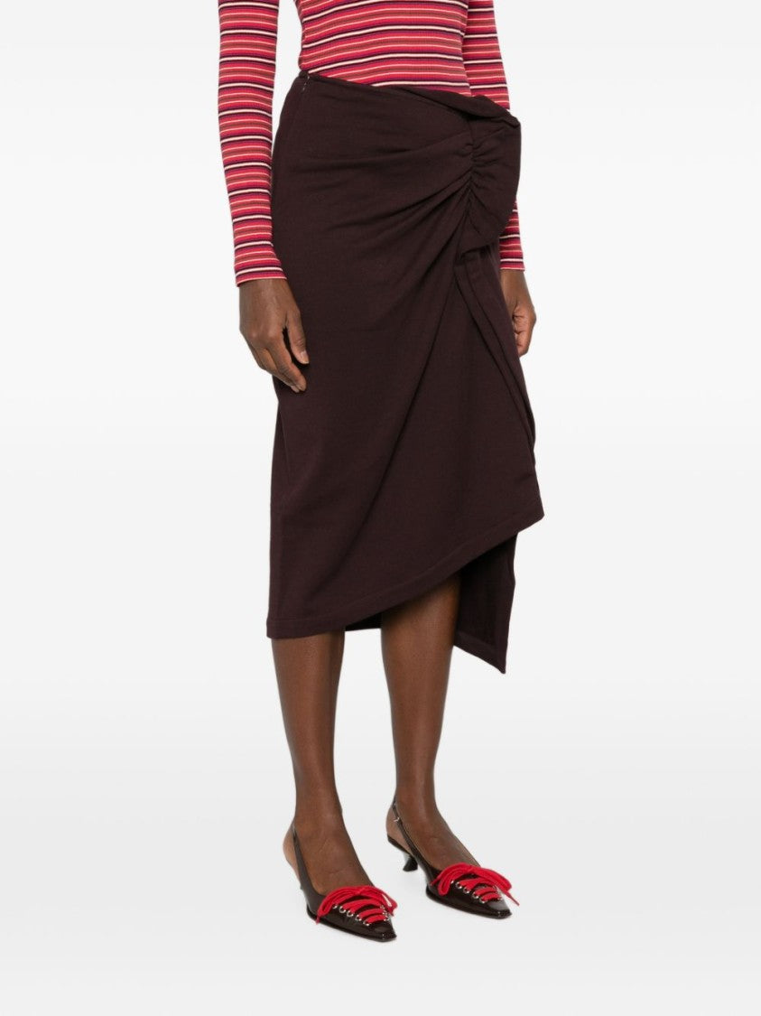 Dries Van Noten Burgundy Ruched Asymmetrical Wrap Midi Skirt
