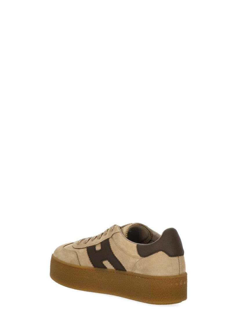 Hogan Beige Leather Sneakers With Logo And Platform Sole