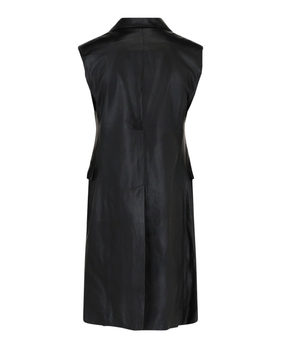 Ferragamo Sophisticated Black Sleeveless Leather Vest With Notched Lapels