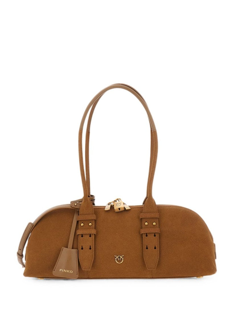 Pinko Brown Elongated Suede Dual Handles Handbag