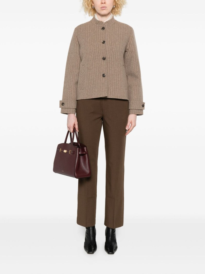 Yerse Cropped Brown Coat With Subtle Pinstripe Pattern
