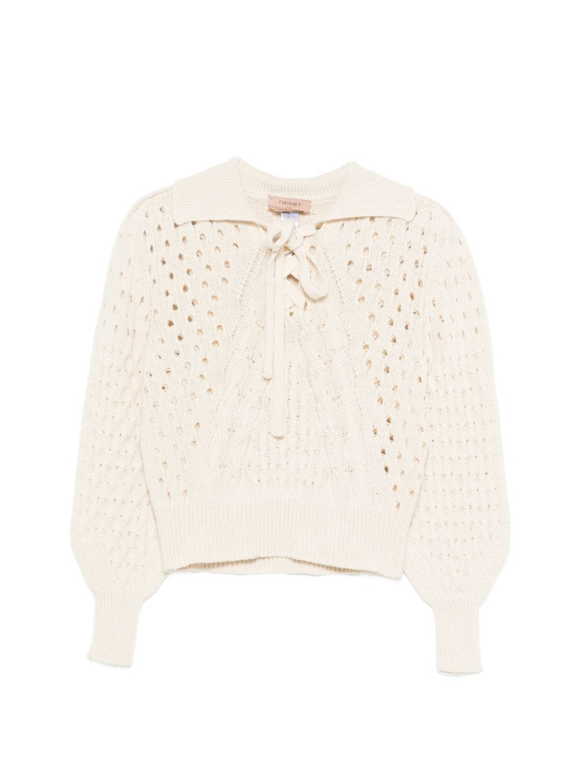 Twin-Set Beige Parchment Lace-Up Sweater