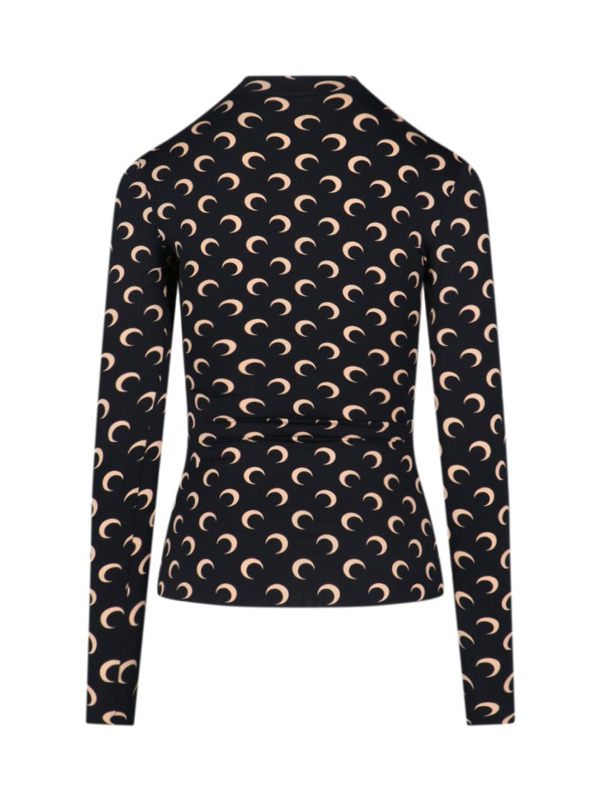Marine Serre Fitted Long-Sleeve Top With Crescent Moon Pattern