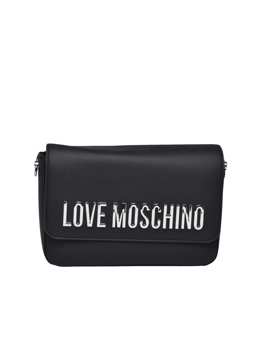 Love Moschino Rectangular Black Crossbody Bag With Metallic Logo And Zippered Compartments