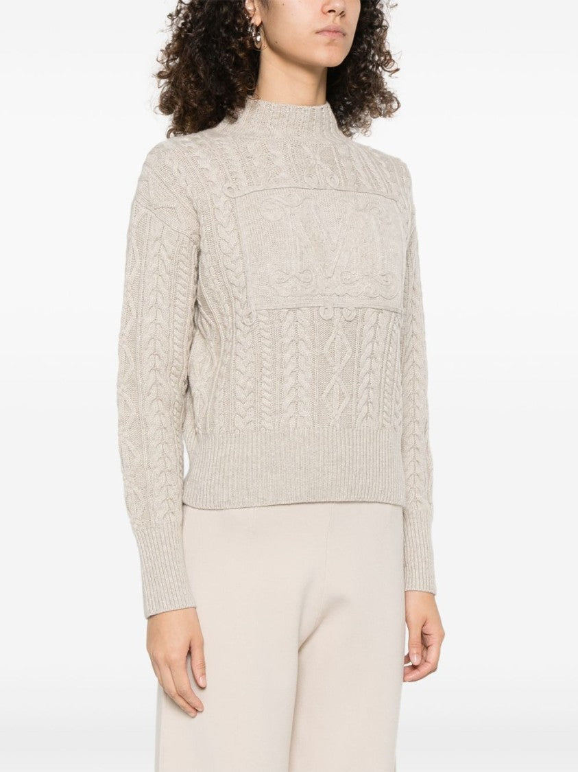 Max Mara Cropped Cable Knit Sweater With High Neckline And Logo Detail