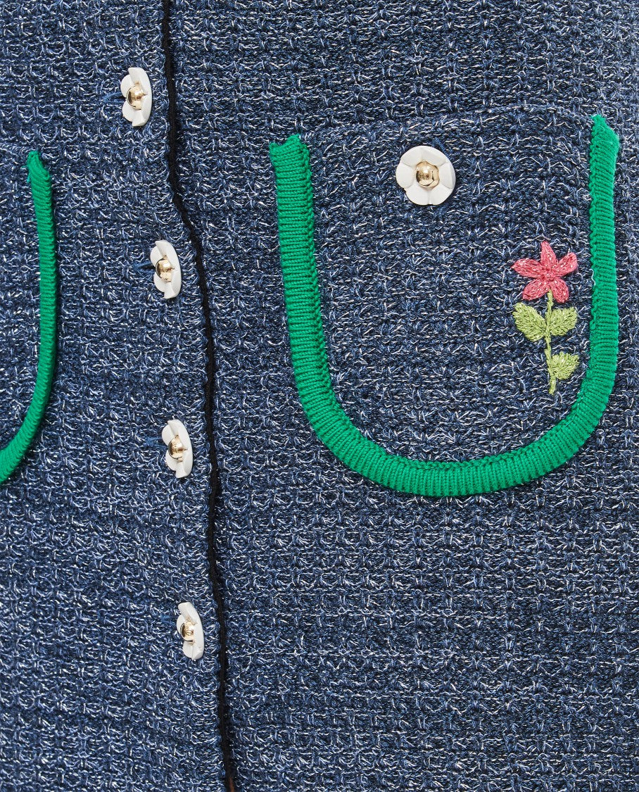 Cormio Textured A-Line Miniskirt With Floral Embroidery And Green Hem Detail
