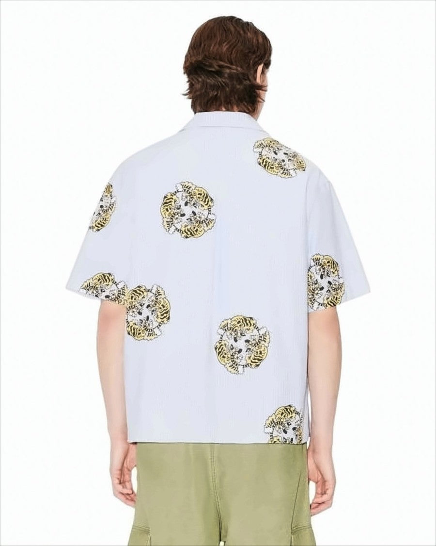 Kenzo Short-Sleeved Light Blue Shirt With Tiger Motifs