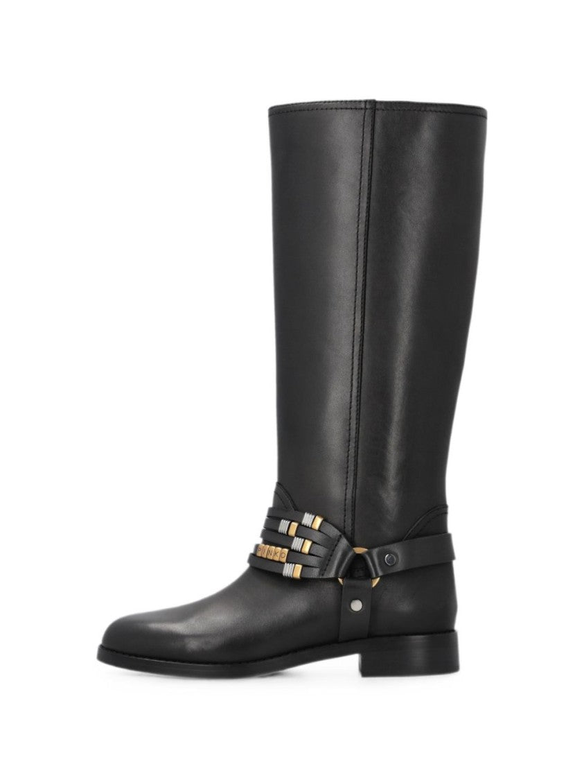 Pinko Black Mid-Calf Decorative Straps Boots