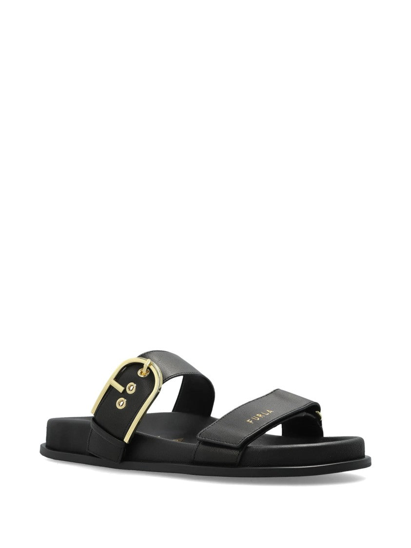 Furla Solea Sandal Black Leather Gold Buckle