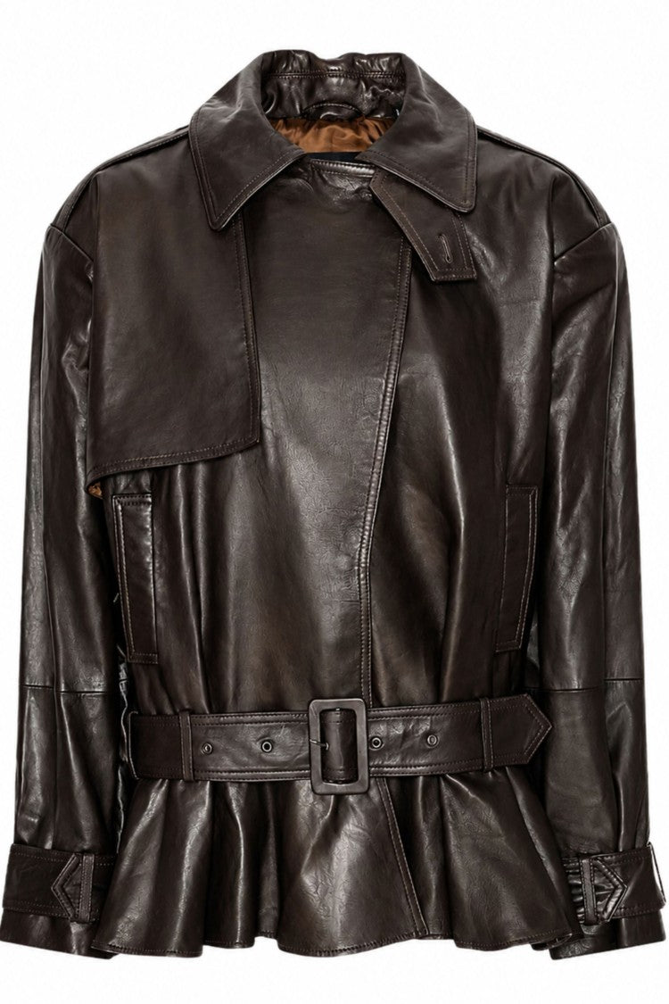 Rotate Brown Peplum Hem Lambskin Leather Jacket