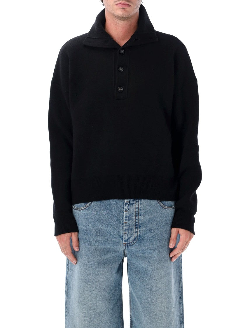 Ami Paris Interlock Knit Sweater With High Buttoned Neck And Discreet Patch