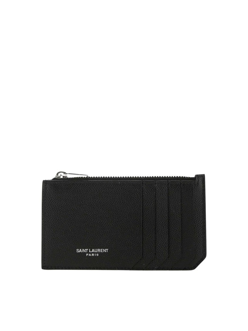 Saint Laurent Textured Calf Leather Cardholder With Silver Brass Accents