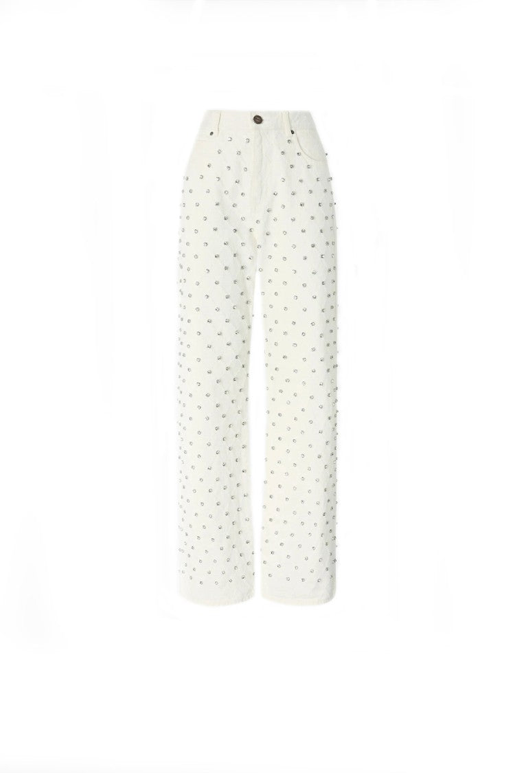 Pinko White Cotton Crystal-Stud Wide-Leg Jeans