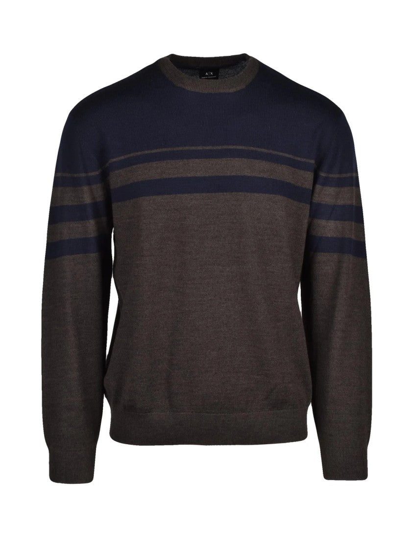 Armani Exchange Blue/Brown Striped Virgin Wool-Blend Crewneck Sweater