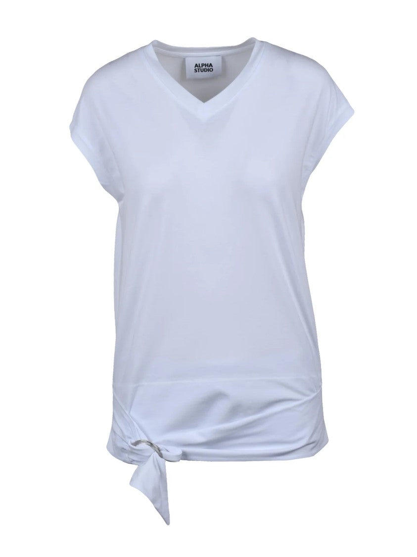 Alpha Studio White V-Neck Stretch Cotton T-Shirt