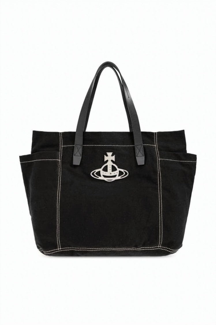 Vivienne Westwood Spacious Black Cotton Tote With Leather Handles