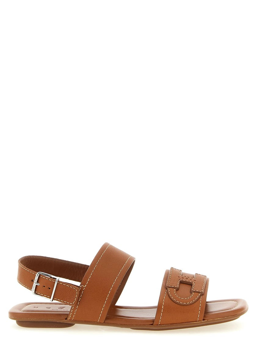 Hogan Warm Brown Leather Sandals With Emblem Detail