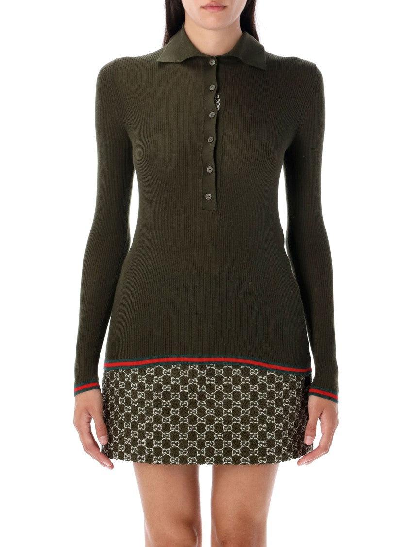 Gucci Ribbed Knit Ls Polo Top