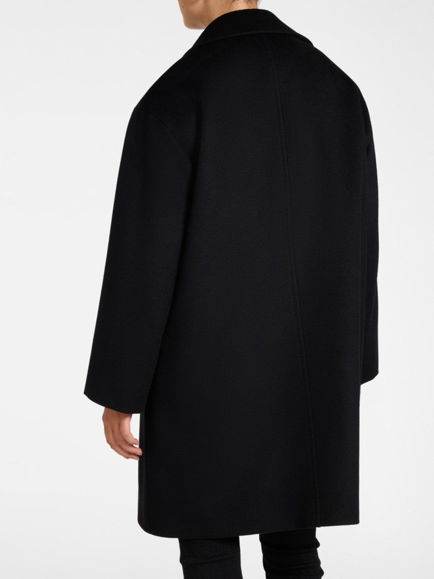 Elena Miro` Double-Breasted Black Wool Coat With Draped Silhouette