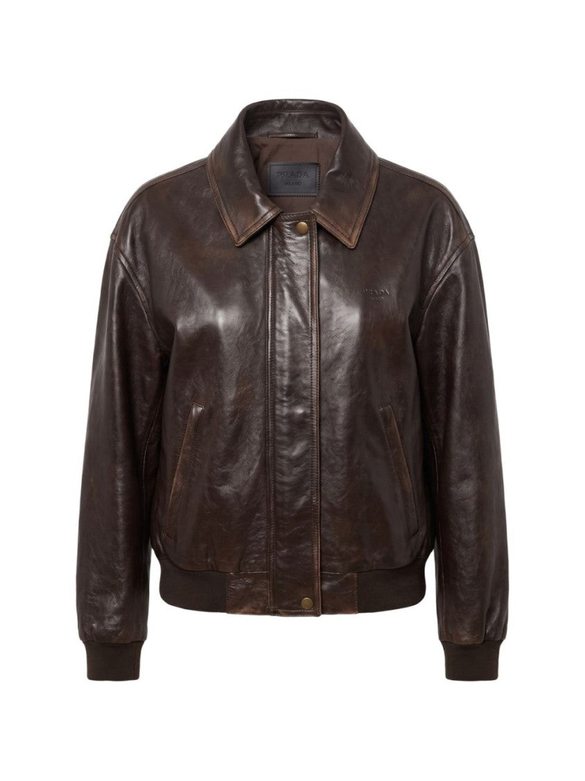 Prada Dark Brown Leather Ribbed Cuff Jacket