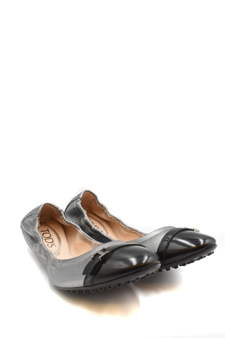 Tod's Dark Gray Elasticated Contrast Cap Toe Metallic Leather Flats