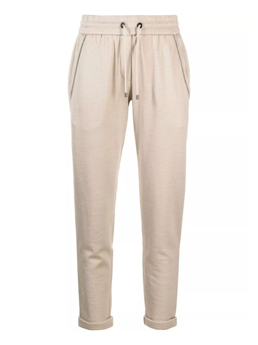 Brunello Cucinelli Beige Subtle Glitter Cotton-Silk Cropped Pants