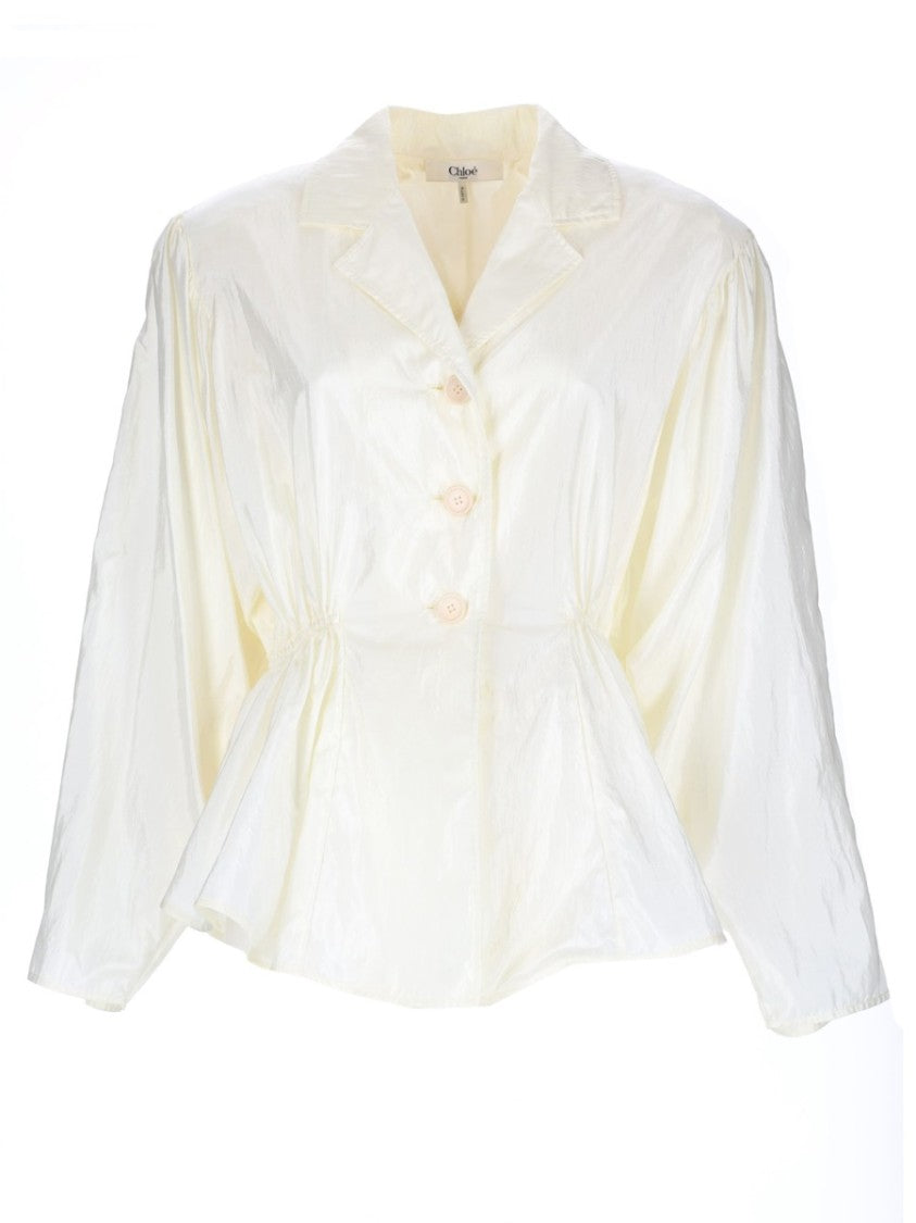 Chloé Structured Silk Blend Top With Classic Collar And Puffed Sleeves