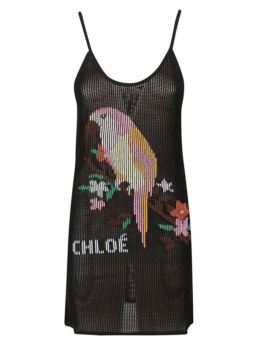 Chloé Sleeveless Black Knitted Mini Dress With Parrot Embroidery